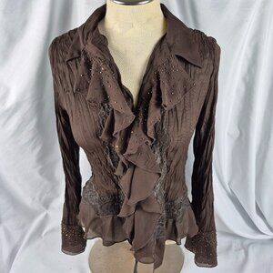 Sunny Taylor Womens Size Petite Small Polyester Beaded Brown Sequin Blouse